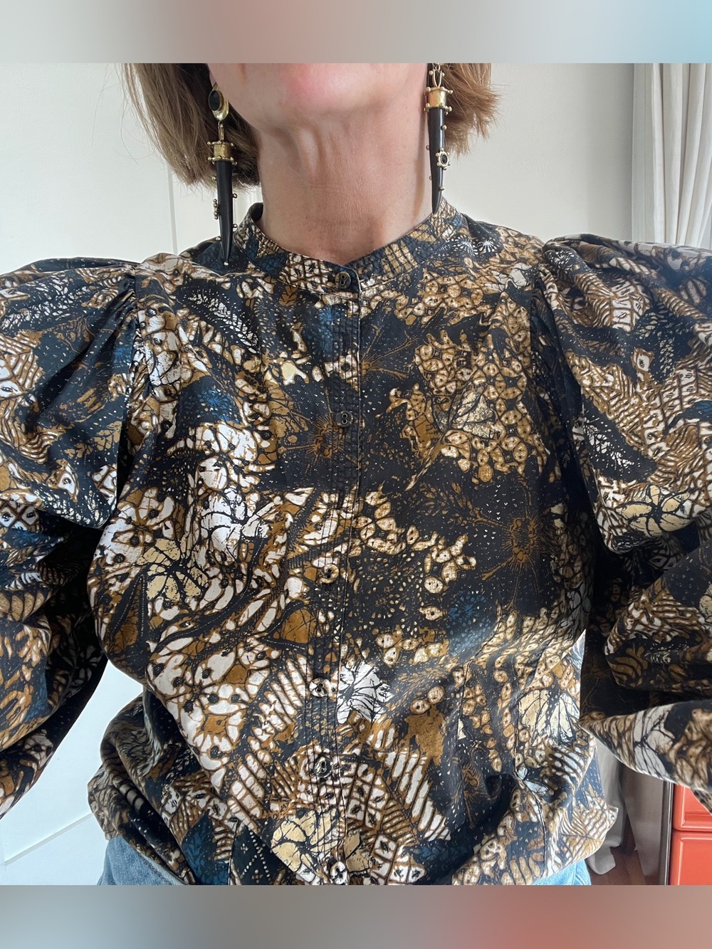 Ulla Johnson Black Floral-Print button down blouse with puffy sleeves